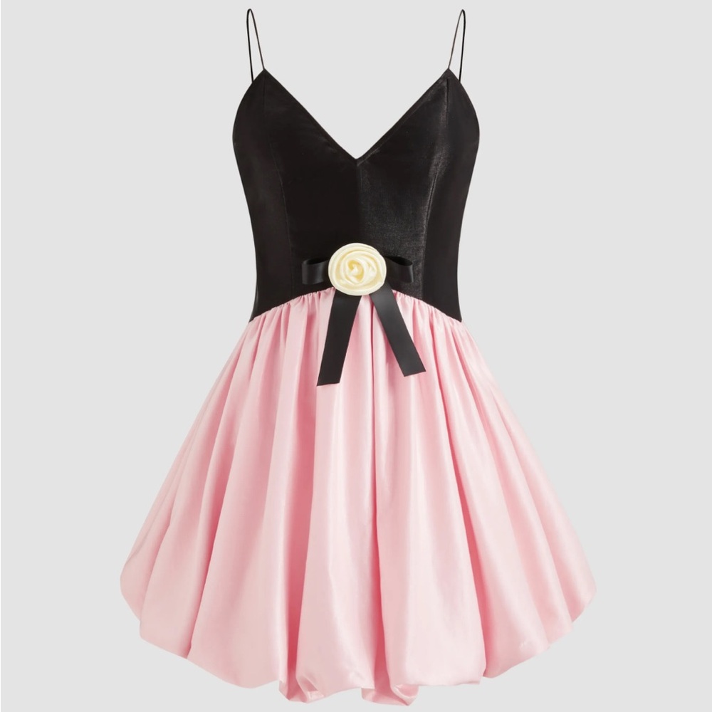 Black and Pink two tone rosette dress with bubble hem